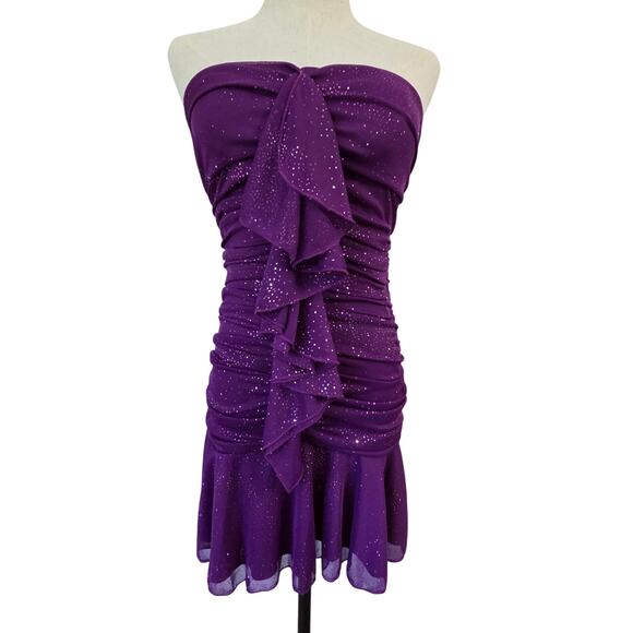 Vtg USA Sequin Hearts Purple Sexy Strapless Dress Sheer Ruching EUC M - Picture 1 of 11